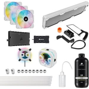 imageCORSAIR Hydro X Series iCUE Link XH405i Custom Cooling Kit  Hardline Water Cooling Loop  XC7 Elite CPU Water Block  XD5 Elite D5 Pump Res  XR5 360mm Radiator  3X QX120 RGB Fans  Stealth GrayWhite