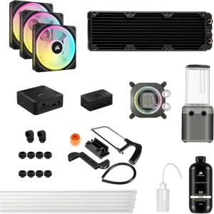 imageCORSAIR Hydro X Series iCUE Link XH405i Custom Cooling Kit  Hardline Water Cooling Loop  XC7 Elite CPU Water Block  XD5 Elite D5 Pump Res  XR5 360mm Radiator  3X QX120 RGB Fans  Stealth GrayGray